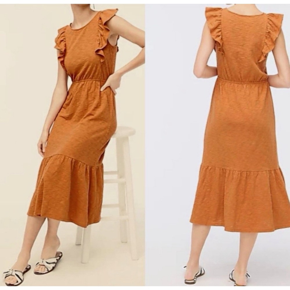 J.CREW Ruffle Hem Knit Cotton Midi Dress Orange Size Small Flutter Sleeve NEW